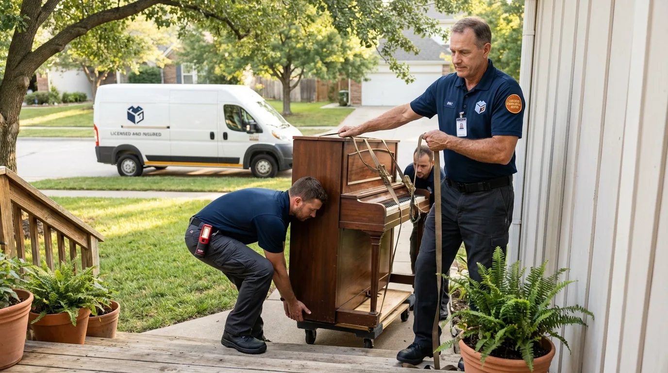 Licensed piano movers securing grand piano in Belle, WV