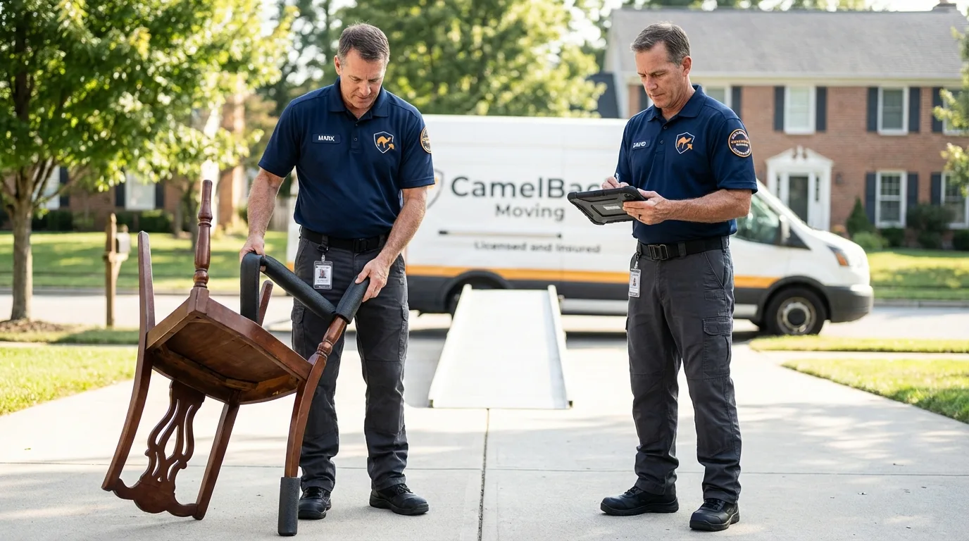 Movers inspecting furniture for damage prevention before loading in Belle, WV