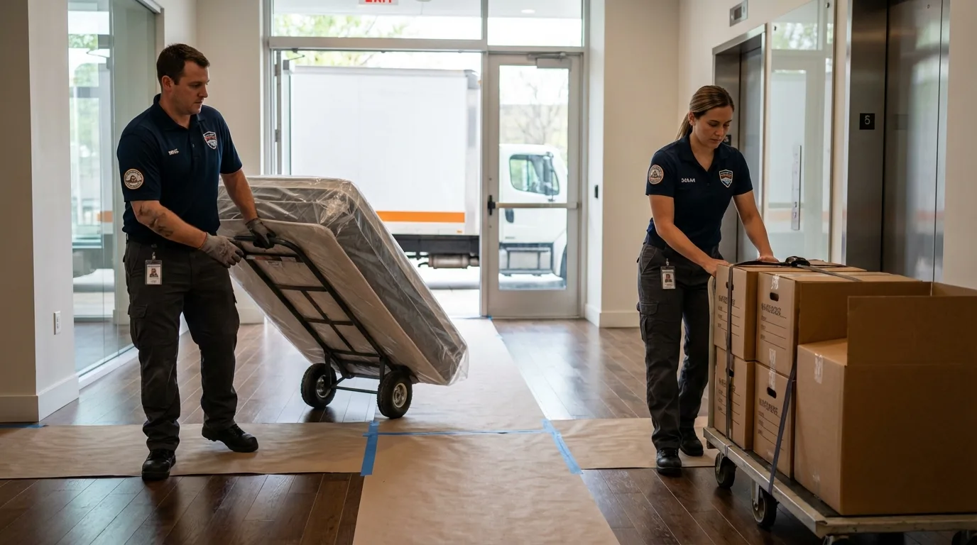 Professional apartment movers loading elevator in Belle, WV